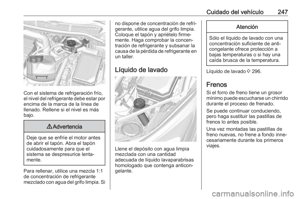 OPEL ASTRA K 2017 Manual de Instrucciones (in Spanish) Cuidado del vehículo247
Con el sistema de refrigeración frío,
el nivel del refrigerante debe estar por
encima de la marca de la línea de
llenado. Rellene si el nivel es más
bajo.
9 Advertencia
De OPEL ASTRA K 2017 Manual de Instrucciones (in Spanish) Cuidado del vehículo247
Con el sistema de refrigeración frío,
el nivel del refrigerante debe estar por
encima de la marca de la línea de
llenado. Rellene si el nivel es más
bajo.
9 Advertencia
De
