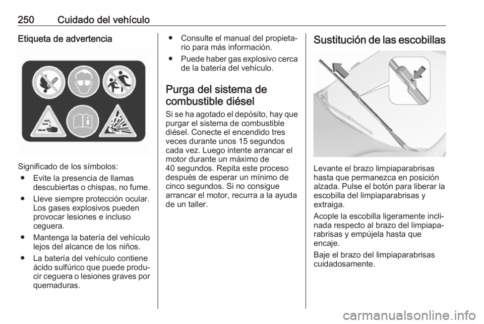 OPEL ASTRA K 2017 Manual de Instrucciones (in Spanish) 250Cuidado del vehículoEtiqueta de advertencia
Significado de los símbolos:● Evite la presencia de llamas descubiertas o chispas, no fume.
● Lleve siempre protección ocular. Los gases explosivo OPEL ASTRA K 2017 Manual de Instrucciones (in Spanish) 250Cuidado del vehículoEtiqueta de advertencia
Significado de los símbolos:● Evite la presencia de llamas descubiertas o chispas, no fume.
● Lleve siempre protección ocular. Los gases explosivo