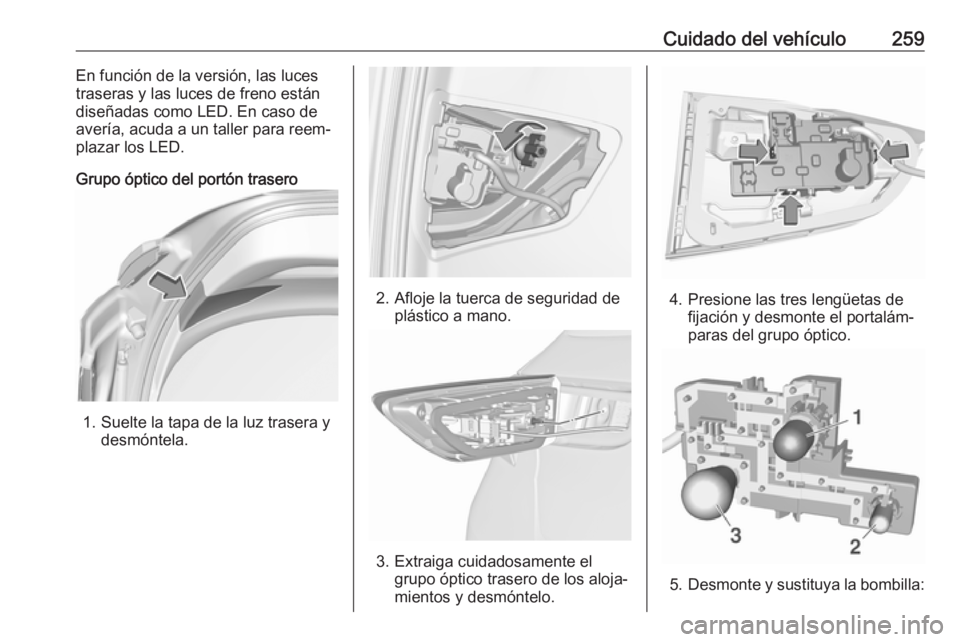 OPEL ASTRA K 2017 Manual de Instrucciones (in Spanish) Cuidado del vehículo259En función de la versión, las luces
traseras y las luces de freno están
diseñadas como LED. En caso de
avería, acuda a un taller para reem‐
plazar los LED.
Grupo óptico OPEL ASTRA K 2017 Manual de Instrucciones (in Spanish) Cuidado del vehículo259En función de la versión, las luces
traseras y las luces de freno están
diseñadas como LED. En caso de
avería, acuda a un taller para reem‐
plazar los LED.
Grupo óptico