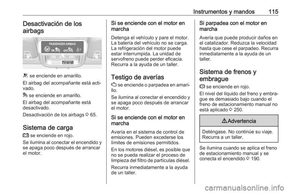 OPEL ASTRA K 2017.5 Manual de Instrucciones (in Spanish) Instrumentos y mandos115Desactivación de los
airbags
V se enciende en amarillo.
El airbag del acompañante está acti‐ vado.
* se enciende en amarillo.
El airbag del acompañante está
desactivad OPEL ASTRA K 2017.5 Manual de Instrucciones (in Spanish) Instrumentos y mandos115Desactivación de los
airbags
V se enciende en amarillo.
El airbag del acompañante está acti‐ vado.
* se enciende en amarillo.
El airbag del acompañante está
desactivad