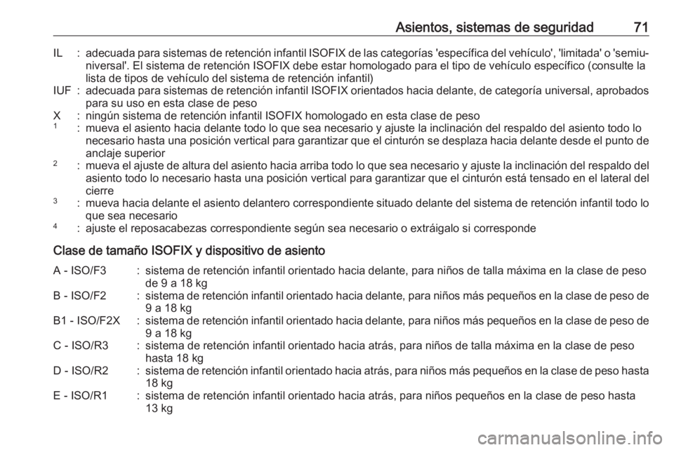 OPEL ASTRA K 2017.5 Manual de Instrucciones (in Spanish) Asientos, sistemas de seguridad71IL:adecuada para sistemas de retención infantil ISOFIX de las categorías 'específica del vehículo', 'limitada' o 'semiu‐
niversal'. El si OPEL ASTRA K 2017.5 Manual de Instrucciones (in Spanish) Asientos, sistemas de seguridad71IL:adecuada para sistemas de retención infantil ISOFIX de las categorías 'específica del vehículo', 'limitada' o 'semiu‐
niversal'. El si