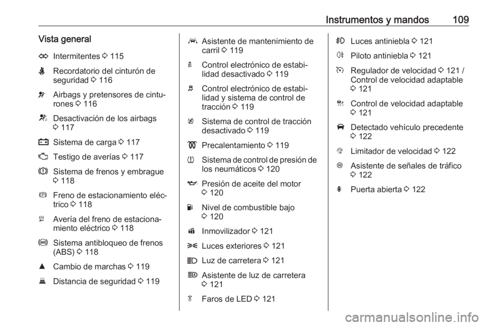 OPEL ASTRA K 2018 Manual de Instrucciones (in Spanish) Instrumentos y mandos109Vista generalOIntermitentes 3 115XRecordatorio del cinturón de
seguridad 3 116vAirbags y pretensores de cintu‐
rones 3 116VDesactivación de los airbags
3 117pSistema de OPEL ASTRA K 2018 Manual de Instrucciones (in Spanish) Instrumentos y mandos109Vista generalOIntermitentes 3 115XRecordatorio del cinturón de
seguridad 3 116vAirbags y pretensores de cintu‐
rones 3 116VDesactivación de los airbags
3 117pSistema de