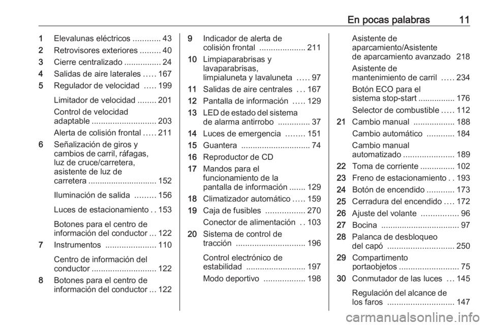 OPEL ASTRA K 2018 Manual de Instrucciones (in Spanish) En pocas palabras111Elevalunas eléctricos ............43
2 Retrovisores exteriores .........40
3 Cierre centralizado ................24
4 Salidas de aire laterales .....167
5 Regulador de velocidad OPEL ASTRA K 2018 Manual de Instrucciones (in Spanish) En pocas palabras111Elevalunas eléctricos ............43
2 Retrovisores exteriores .........40
3 Cierre centralizado ................24
4 Salidas de aire laterales .....167
5 Regulador de velocidad