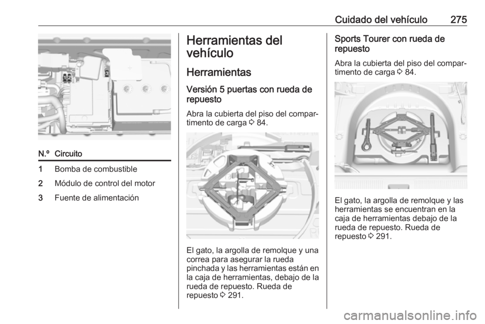 OPEL ASTRA K 2018 Manual de Instrucciones (in Spanish) Cuidado del vehículo275N.ºCircuito1Bomba de combustible2Módulo de control del motor3Fuente de alimentaciónHerramientas del
vehículo
Herramientas Versión 5 puertas con rueda de
repuesto
Abra la c OPEL ASTRA K 2018 Manual de Instrucciones (in Spanish) Cuidado del vehículo275N.ºCircuito1Bomba de combustible2Módulo de control del motor3Fuente de alimentaciónHerramientas del
vehículo
Herramientas Versión 5 puertas con rueda de
repuesto
Abra la c