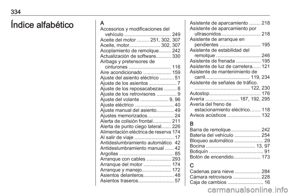OPEL ASTRA K 2018 Manual de Instrucciones (in Spanish) 334Índice alfabéticoAAccesorios y modificaciones del vehículo .................................. 249
Aceite del motor ........251, 302, 307
Aceite, motor ...................... 302, 307
Acoplamie OPEL ASTRA K 2018 Manual de Instrucciones (in Spanish) 334Índice alfabéticoAAccesorios y modificaciones del vehículo .................................. 249
Aceite del motor ........251, 302, 307
Aceite, motor ...................... 302, 307
Acoplamie