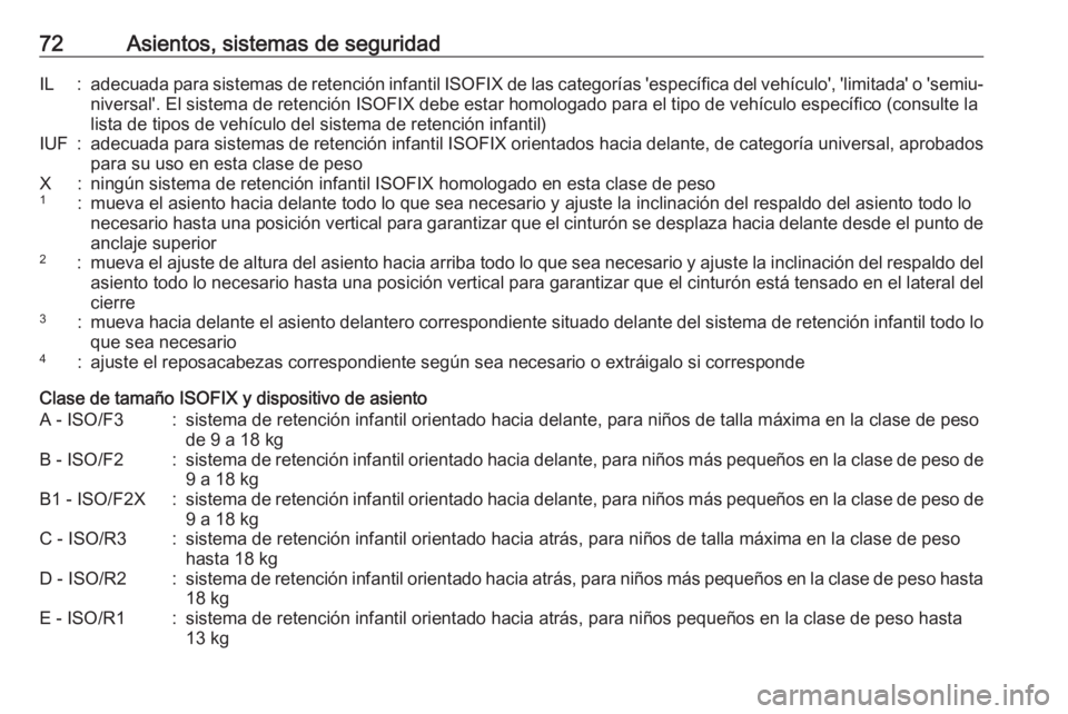 OPEL ASTRA K 2018 Manual de Instrucciones (in Spanish) 72Asientos, sistemas de seguridadIL:adecuada para sistemas de retención infantil ISOFIX de las categorías 'específica del vehículo', 'limitada' o 'semiu‐
niversal'. El si OPEL ASTRA K 2018 Manual de Instrucciones (in Spanish) 72Asientos, sistemas de seguridadIL:adecuada para sistemas de retención infantil ISOFIX de las categorías 'específica del vehículo', 'limitada' o 'semiu‐
niversal'. El si