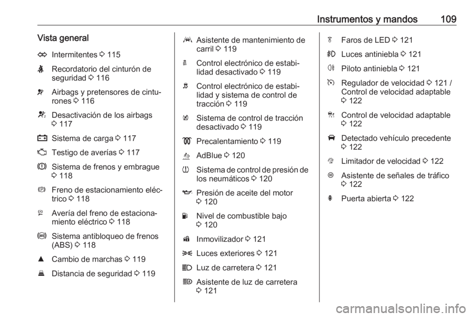 OPEL ASTRA K 2018.5  Manual de Instrucciones (in Spanish) Instrumentos y mandos109Vista generalOIntermitentes 3 115XRecordatorio del cinturón de
seguridad  3 116vAirbags y pretensores de cintu‐
rones  3 116VDesactivación de los airbags
3  117pSistema de 
