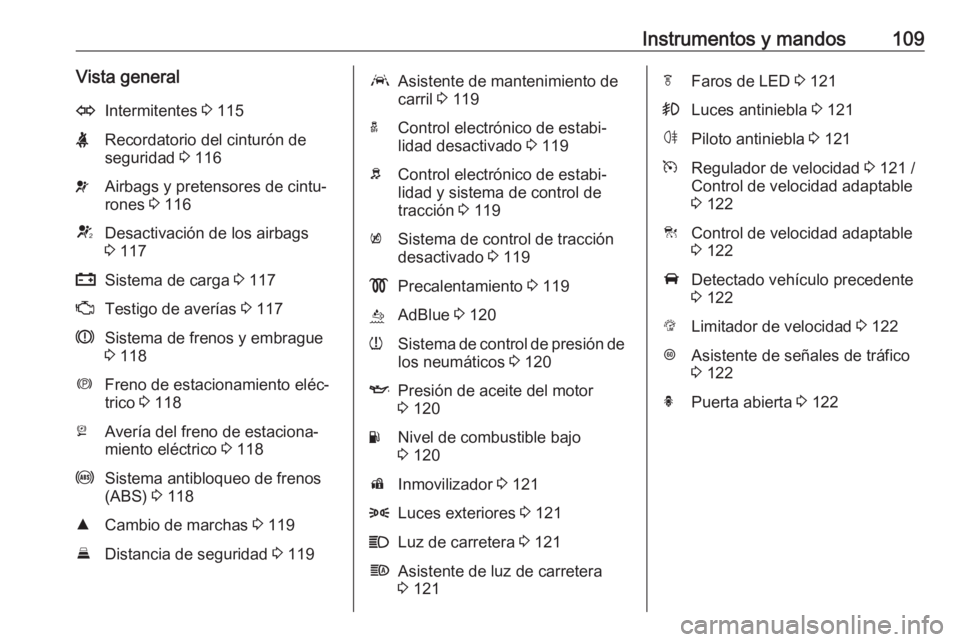 OPEL ASTRA K 2018.5 Manual de Instrucciones (in Spanish) Instrumentos y mandos109Vista generalOIntermitentes 3 115XRecordatorio del cinturón de
seguridad 3 116vAirbags y pretensores de cintu‐
rones 3 116VDesactivación de los airbags
3 117pSistema de OPEL ASTRA K 2018.5 Manual de Instrucciones (in Spanish) Instrumentos y mandos109Vista generalOIntermitentes 3 115XRecordatorio del cinturón de
seguridad 3 116vAirbags y pretensores de cintu‐
rones 3 116VDesactivación de los airbags
3 117pSistema de