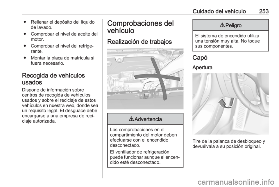 OPEL ASTRA K 2018.5 Manual de Instrucciones (in Spanish) Cuidado del vehículo253● Rellenar el depósito del líquidode lavado.
● Comprobar el nivel de aceite del motor.
● Comprobar el nivel del refrige‐ rante.
● Montar la placa de matrícula si f OPEL ASTRA K 2018.5 Manual de Instrucciones (in Spanish) Cuidado del vehículo253● Rellenar el depósito del líquidode lavado.
● Comprobar el nivel de aceite del motor.
● Comprobar el nivel del refrige‐ rante.
● Montar la placa de matrícula si f