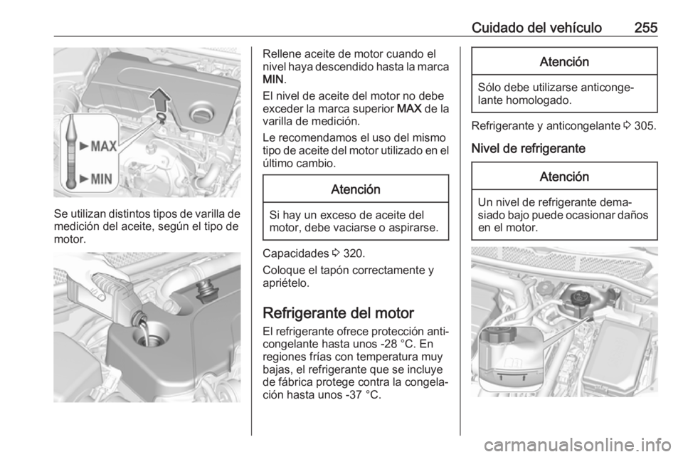 OPEL ASTRA K 2018.5 Manual de Instrucciones (in Spanish) Cuidado del vehículo255
Se utilizan distintos tipos de varilla de
medición del aceite, según el tipo de
motor.
Rellene aceite de motor cuando el
nivel haya descendido hasta la marca MIN .
El nivel OPEL ASTRA K 2018.5 Manual de Instrucciones (in Spanish) Cuidado del vehículo255
Se utilizan distintos tipos de varilla de
medición del aceite, según el tipo de
motor.
Rellene aceite de motor cuando el
nivel haya descendido hasta la marca MIN .
El nivel