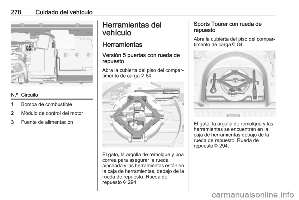 OPEL ASTRA K 2018.5  Manual de Instrucciones (in Spanish) 278Cuidado del vehículoN.ºCircuito1Bomba de combustible2Módulo de control del motor3Fuente de alimentaciónHerramientas del
vehículo
Herramientas Versión 5 puertas con rueda de
repuesto
Abra la c