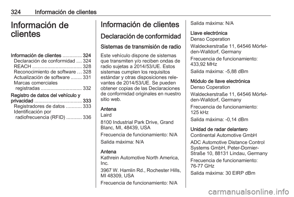 OPEL ASTRA K 2018.5 Manual de Instrucciones (in Spanish) 324Información de clientesInformación de
clientesInformación de clientes ..............324
Declaración de conformidad ....324
REACH .................................... 328
Reconocimiento de softw OPEL ASTRA K 2018.5 Manual de Instrucciones (in Spanish) 324Información de clientesInformación de
clientesInformación de clientes ..............324
Declaración de conformidad ....324
REACH .................................... 328
Reconocimiento de softw