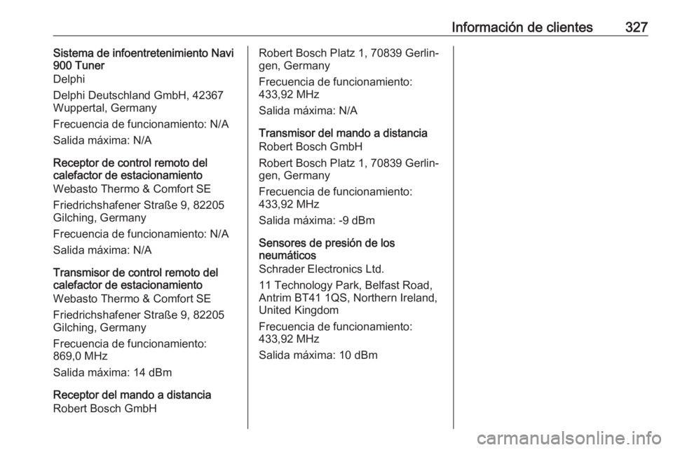 OPEL ASTRA K 2018.75  Manual de Instrucciones (in Spanish) Información de clientes327Sistema de infoentretenimiento Navi
900 Tuner
Delphi
Delphi Deutschland GmbH, 42367
Wuppertal, Germany
Frecuencia de funcionamiento: N/A
Salida máxima: N/A
Receptor de cont