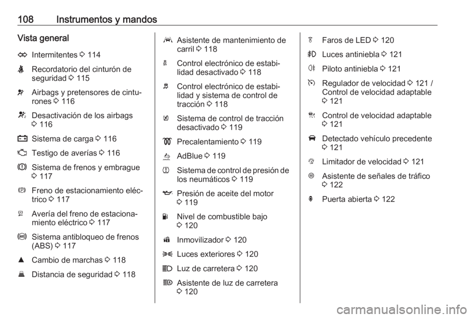 OPEL ASTRA K 2019  Manual de Instrucciones (in Spanish) 108Instrumentos y mandosVista generalOIntermitentes 3 114XRecordatorio del cinturón de
seguridad  3 115vAirbags y pretensores de cintu‐
rones  3 116VDesactivación de los airbags
3  116pSistema de 