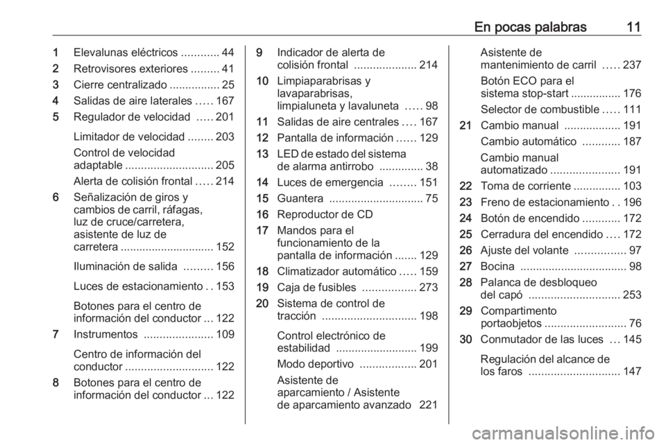 OPEL ASTRA K 2019  Manual de Instrucciones (in Spanish) En pocas palabras111Elevalunas eléctricos ............44
2 Retrovisores exteriores .........41
3 Cierre centralizado ................25
4 Salidas de aire laterales .....167
5 Regulador de velocidad  