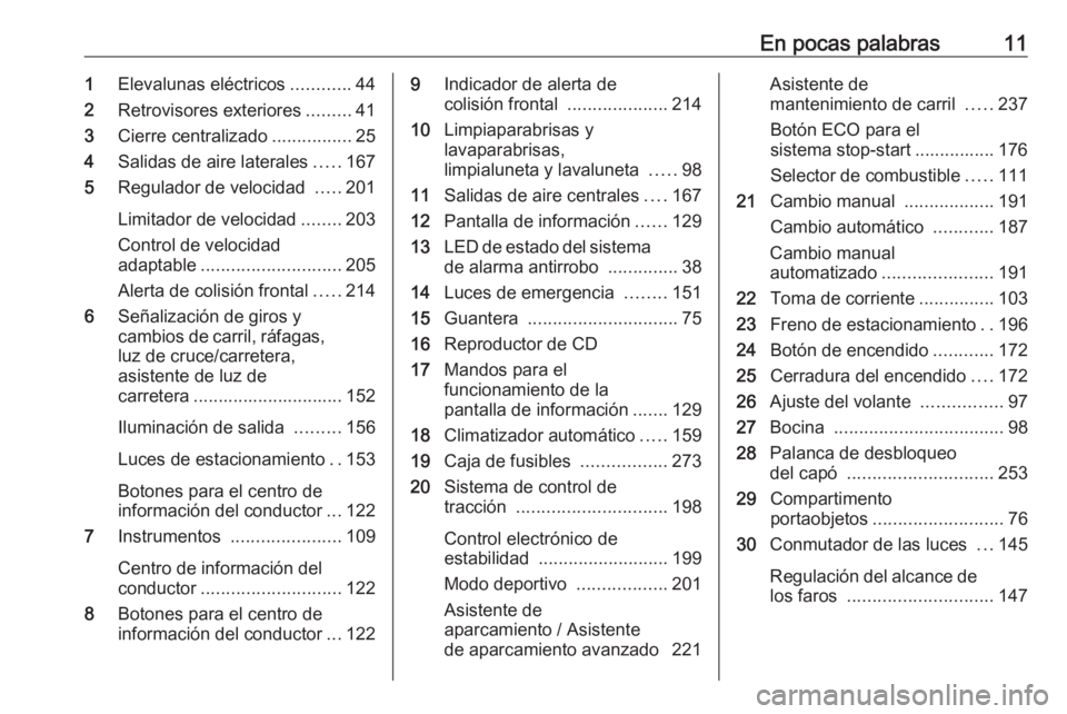 OPEL ASTRA K 2019 Manual de Instrucciones (in Spanish) En pocas palabras111Elevalunas eléctricos ............44
2 Retrovisores exteriores .........41
3 Cierre centralizado ................25
4 Salidas de aire laterales .....167
5 Regulador de velocidad OPEL ASTRA K 2019 Manual de Instrucciones (in Spanish) En pocas palabras111Elevalunas eléctricos ............44
2 Retrovisores exteriores .........41
3 Cierre centralizado ................25
4 Salidas de aire laterales .....167
5 Regulador de velocidad