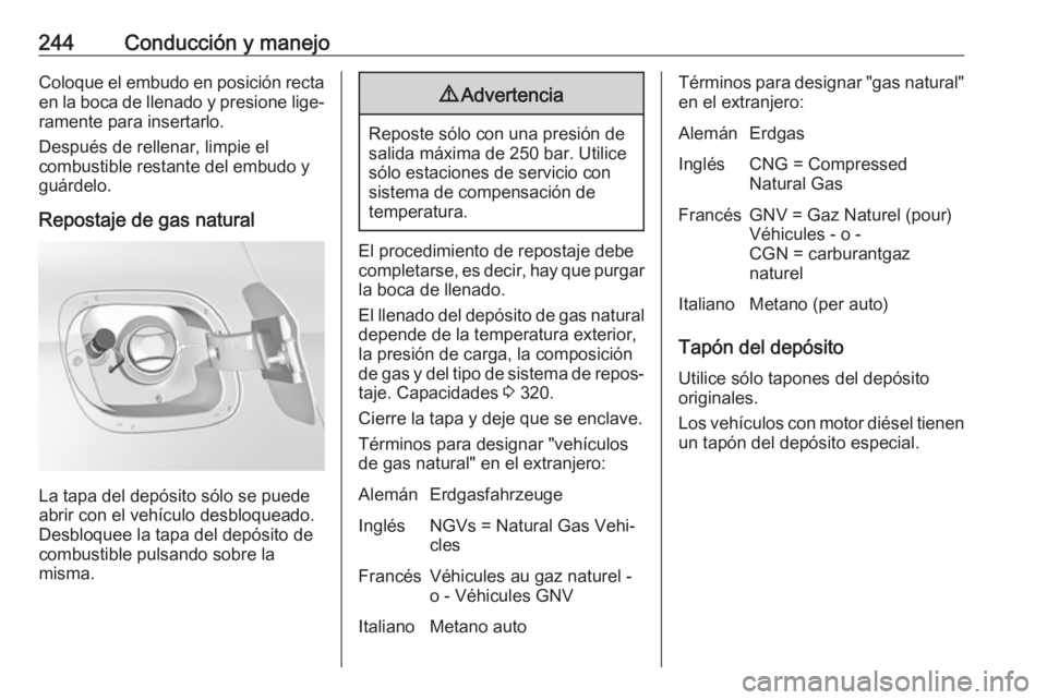 OPEL ASTRA K 2019  Manual de Instrucciones (in Spanish) 244Conducción y manejoColoque el embudo en posición rectaen la boca de llenado y presione lige‐ramente para insertarlo.
Después de rellenar, limpie el
combustible restante del embudo y
guárdelo.