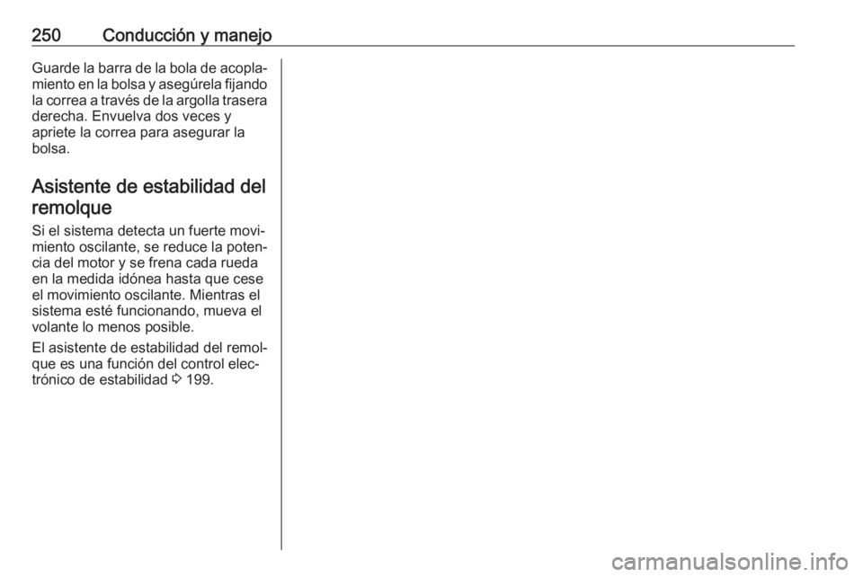 OPEL ASTRA K 2019  Manual de Instrucciones (in Spanish) 250Conducción y manejoGuarde la barra de la bola de acopla‐miento en la bolsa y asegúrela fijando
la correa a través de la argolla trasera derecha. Envuelva dos veces y
apriete la correa para ase