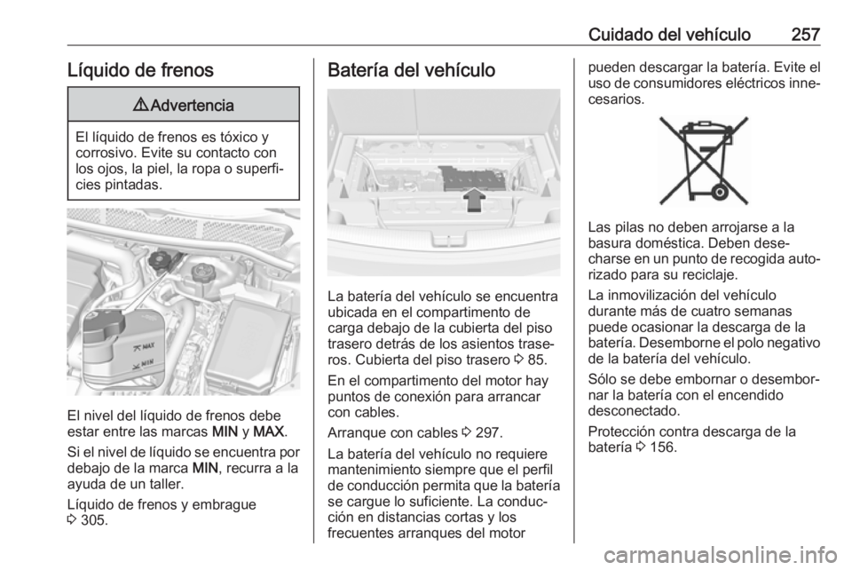 OPEL ASTRA K 2019  Manual de Instrucciones (in Spanish) Cuidado del vehículo257Líquido de frenos9Advertencia
El líquido de frenos es tóxico y
corrosivo. Evite su contacto con los ojos, la piel, la ropa o superfi‐
cies pintadas.
El nivel del líquido 