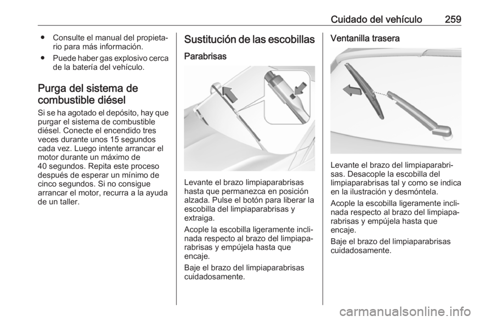 OPEL ASTRA K 2019  Manual de Instrucciones (in Spanish) Cuidado del vehículo259● Consulte el manual del propieta‐rio para más información.
● Puede haber gas explosivo cerca
de la batería del vehículo.
Purga del sistema de combustible diésel
Si 