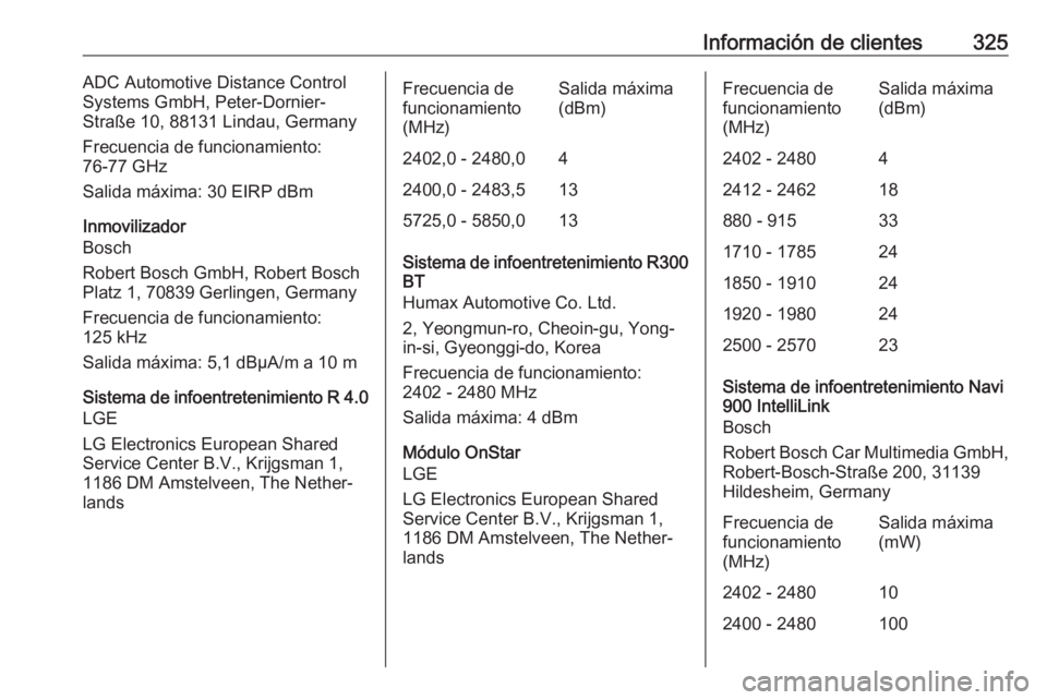 OPEL ASTRA K 2019  Manual de Instrucciones (in Spanish) Información de clientes325ADC Automotive Distance Control
Systems GmbH, Peter-Dornier-
Straße 10, 88131 Lindau, Germany
Frecuencia de funcionamiento:
76-77 GHz
Salida máxima: 30 EIRP dBm
Inmoviliza