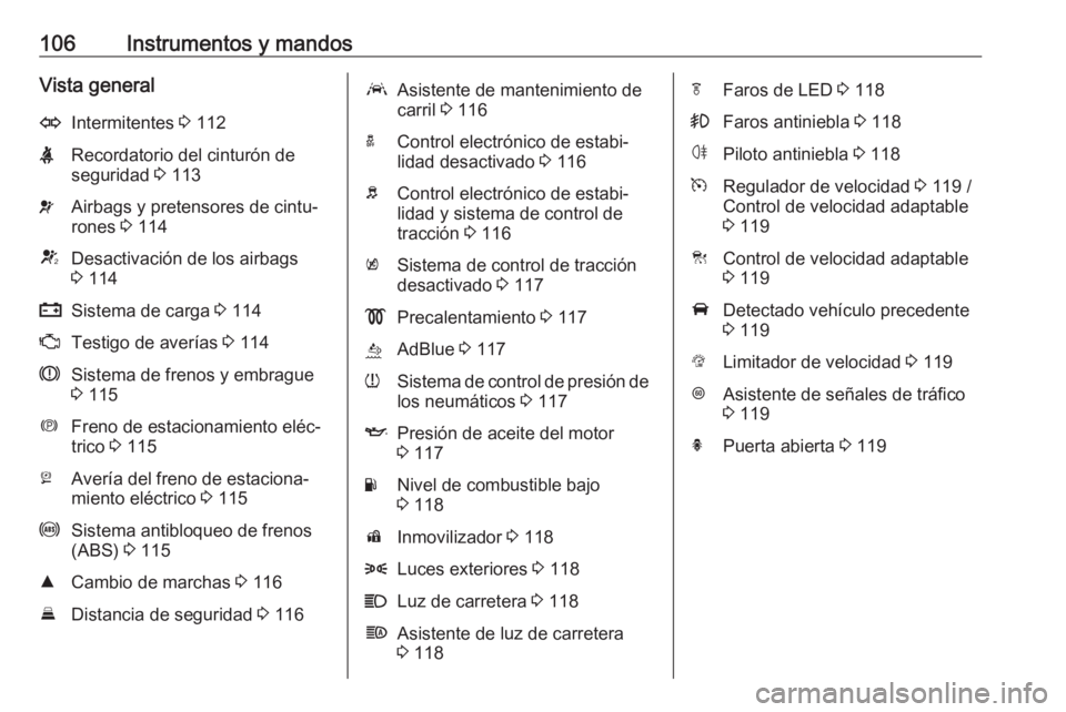 OPEL ASTRA K 2019.5 Manual de Instrucciones (in Spanish) 106Instrumentos y mandosVista generalOIntermitentes 3 112XRecordatorio del cinturón de
seguridad 3 113vAirbags y pretensores de cintu‐
rones 3 114VDesactivación de los airbags
3 114pSistema de OPEL ASTRA K 2019.5 Manual de Instrucciones (in Spanish) 106Instrumentos y mandosVista generalOIntermitentes 3 112XRecordatorio del cinturón de
seguridad 3 113vAirbags y pretensores de cintu‐
rones 3 114VDesactivación de los airbags
3 114pSistema de