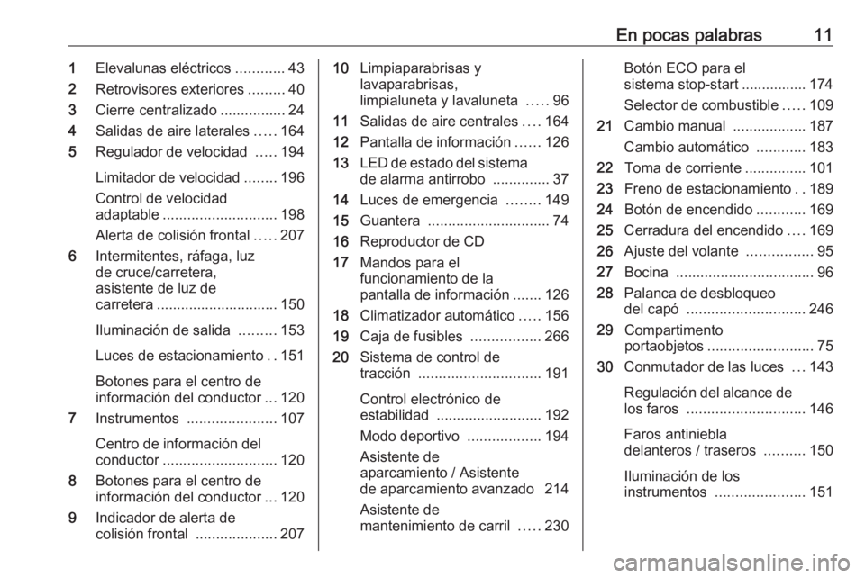 OPEL ASTRA K 2019.5 Manual de Instrucciones (in Spanish) En pocas palabras111Elevalunas eléctricos ............43
2 Retrovisores exteriores .........40
3 Cierre centralizado ................24
4 Salidas de aire laterales .....164
5 Regulador de velocidad OPEL ASTRA K 2019.5 Manual de Instrucciones (in Spanish) En pocas palabras111Elevalunas eléctricos ............43
2 Retrovisores exteriores .........40
3 Cierre centralizado ................24
4 Salidas de aire laterales .....164
5 Regulador de velocidad