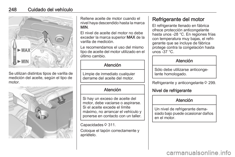 OPEL ASTRA K 2019.5 Manual de Instrucciones (in Spanish) 248Cuidado del vehículo
Se utilizan distintos tipos de varilla de
medición del aceite, según el tipo de
motor.
Rellene aceite de motor cuando el
nivel haya descendido hasta la marca MIN .
El nivel OPEL ASTRA K 2019.5 Manual de Instrucciones (in Spanish) 248Cuidado del vehículo
Se utilizan distintos tipos de varilla de
medición del aceite, según el tipo de
motor.
Rellene aceite de motor cuando el
nivel haya descendido hasta la marca MIN .
El nivel