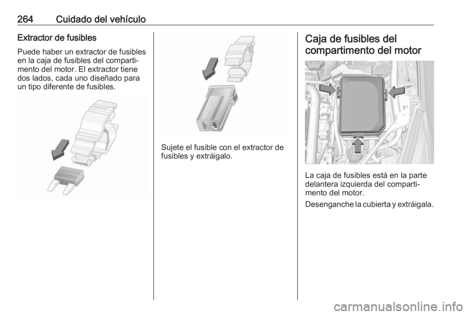 OPEL ASTRA K 2019.5  Manual de Instrucciones (in Spanish) 264Cuidado del vehículoExtractor de fusiblesPuede haber un extractor de fusibles
en la caja de fusibles del comparti‐
mento del motor. El extractor tiene
dos lados, cada uno diseñado para
un tipo 