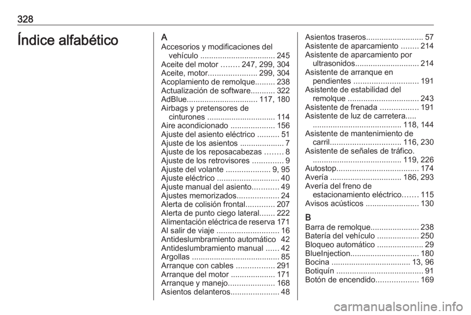 OPEL ASTRA K 2019.5  Manual de Instrucciones (in Spanish) 328Índice alfabéticoAAccesorios y modificaciones del vehículo  .................................. 245
Aceite del motor  ........247, 299, 304
Aceite, motor ...................... 299, 304
Acoplamie