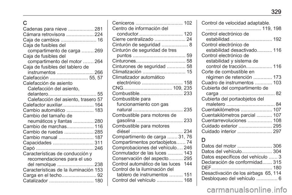 OPEL ASTRA K 2019.5 Manual de Instrucciones (in Spanish) 329CCadenas para nieve ..................281
Cámara retrovisora ....................224
Caja de cambios ..........................16
Caja de fusibles del compartimento de carga ........269
Caja d OPEL ASTRA K 2019.5 Manual de Instrucciones (in Spanish) 329CCadenas para nieve ..................281
Cámara retrovisora ....................224
Caja de cambios ..........................16
Caja de fusibles del compartimento de carga ........269
Caja d