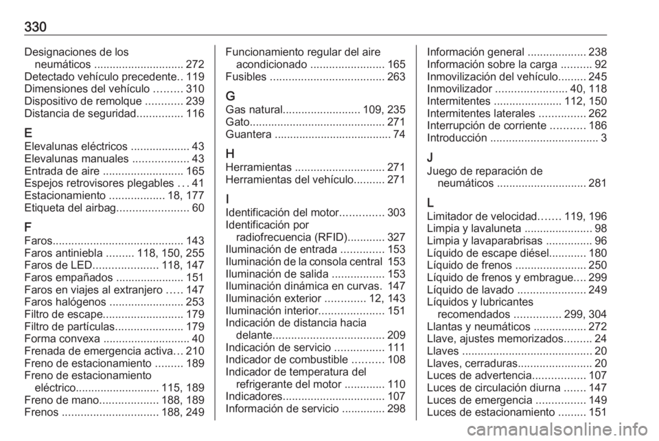 OPEL ASTRA K 2019.5 Manual de Instrucciones (in Spanish) 330Designaciones de losneumáticos ............................. 272
Detectado vehículo precedente ..119
Dimensiones del vehículo .........310
Dispositivo de remolque ............239
Distancia de OPEL ASTRA K 2019.5 Manual de Instrucciones (in Spanish) 330Designaciones de losneumáticos ............................. 272
Detectado vehículo precedente ..119
Dimensiones del vehículo .........310
Dispositivo de remolque ............239
Distancia de