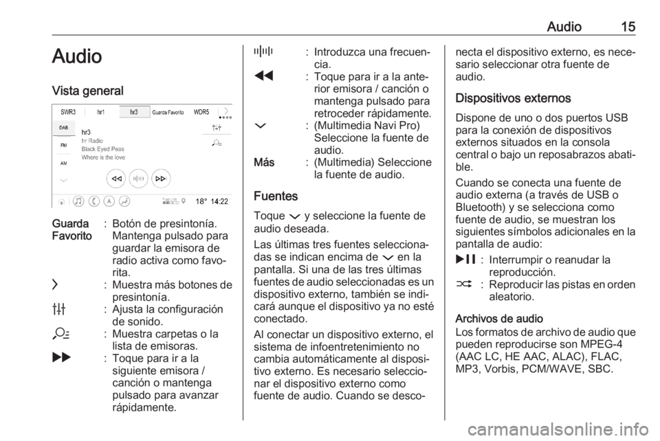 OPEL ASTRA K 2020  Manual de infoentretenimiento (in Spanish) Audio15AudioVista generalGuarda
Favorito:Botón de presintonía.
Mantenga pulsado para
guardar la emisora de
radio activa como favo‐
rita.c:Muestra más botones de presintonía.b:Ajusta la configura