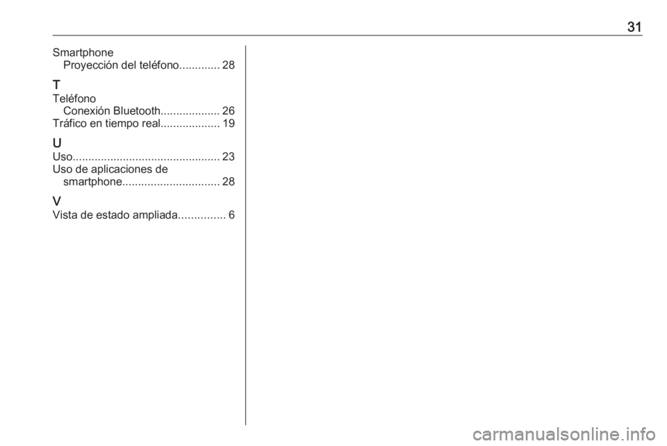 OPEL ASTRA K 2020  Manual de infoentretenimiento (in Spanish) 31SmartphoneProyección del teléfono .............28
T
Teléfono Conexión Bluetooth ...................26
Tráfico en tiempo real ...................19
U Uso ........................................