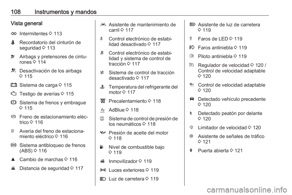 OPEL ASTRA K 2020 Manual de Instrucciones (in Spanish) 108Instrumentos y mandosVista generalOIntermitentes 3 113XRecordatorio del cinturón de
seguridad 3 113vAirbags y pretensores de cintu‐
rones 3 114VDesactivación de los airbags
3 115pSistema de OPEL ASTRA K 2020 Manual de Instrucciones (in Spanish) 108Instrumentos y mandosVista generalOIntermitentes 3 113XRecordatorio del cinturón de
seguridad 3 113vAirbags y pretensores de cintu‐
rones 3 114VDesactivación de los airbags
3 115pSistema de