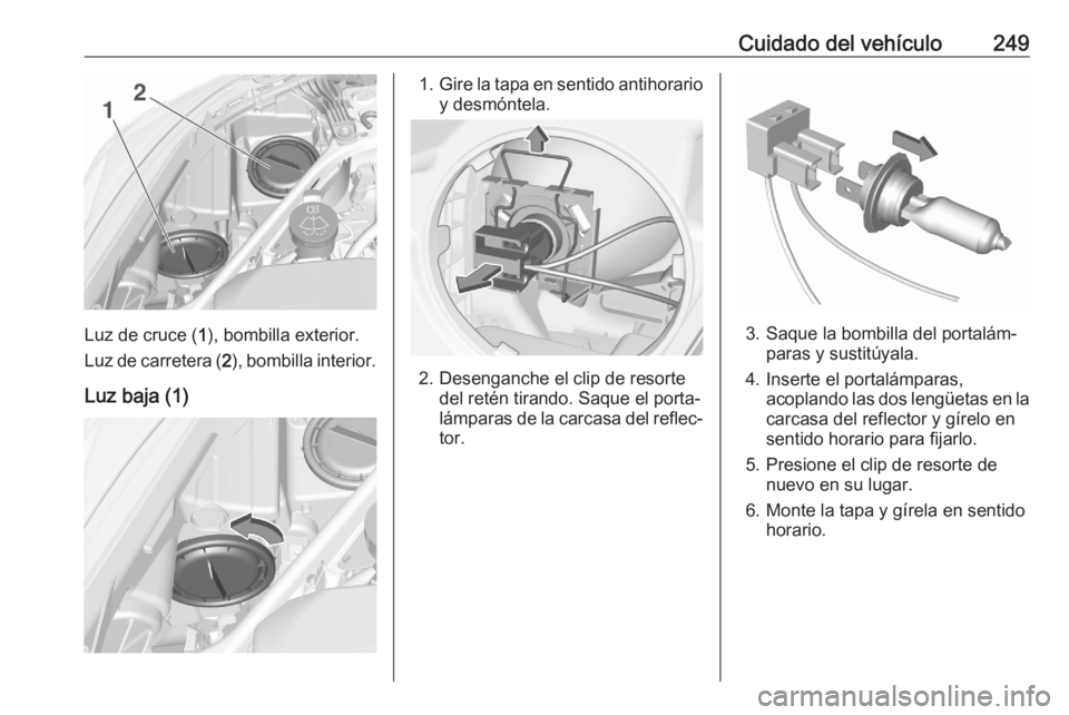 OPEL ASTRA K 2020  Manual de Instrucciones (in Spanish) Cuidado del vehículo249
Luz de cruce (1), bombilla exterior.
Luz de carretera ( 2), bombilla interior.
Luz baja (1)
1. Gire la tapa en sentido antihorario
y desmóntela.
2. Desenganche el clip de res