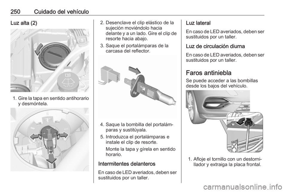 OPEL ASTRA K 2020  Manual de Instrucciones (in Spanish) 250Cuidado del vehículoLuz alta (2)
1.Gire la tapa en sentido antihorario
y desmóntela.
2. Desenclave el clip elástico de la sujeción moviéndolo hacia
delante y a un lado. Gire el clip de
resorte