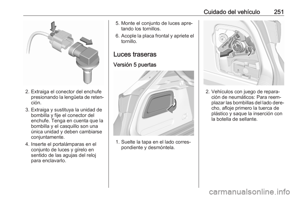 OPEL ASTRA K 2020  Manual de Instrucciones (in Spanish) Cuidado del vehículo251
2. Extraiga el conector del enchufepresionando la lengüeta de reten‐
ción.
3. Extraiga y sustituya la unidad de bombilla y fije el conector del
enchufe. Tenga en cuenta qu