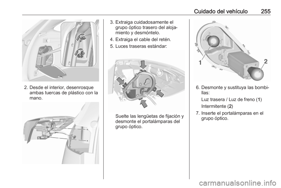 OPEL ASTRA K 2020  Manual de Instrucciones (in Spanish) Cuidado del vehículo255
2. Desde el interior, desenrosqueambas tuercas de plástico con la
mano.
3. Extraiga cuidadosamente el grupo óptico trasero del aloja‐
miento y desmóntelo.
4. Extraiga el 