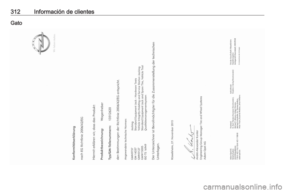 OPEL ASTRA K 2020 Manual de Instrucciones (in Spanish) 312Información de clientesGato OPEL ASTRA K 2020 Manual de Instrucciones (in Spanish) 312Información de clientesGato