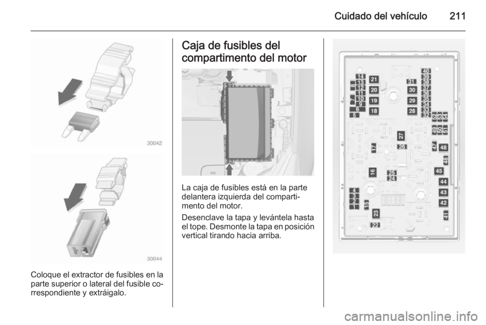 OPEL CASCADA 2014 Manual de Instrucciones (in Spanish) Cuidado del vehículo211
Coloque el extractor de fusibles en la
parte superior o lateral del fusible co‐
rrespondiente y extráigalo.
Caja de fusibles del
compartimento del motor
La caja de fusibles OPEL CASCADA 2014 Manual de Instrucciones (in Spanish) Cuidado del vehículo211
Coloque el extractor de fusibles en la
parte superior o lateral del fusible co‐
rrespondiente y extráigalo.
Caja de fusibles del
compartimento del motor
La caja de fusibles