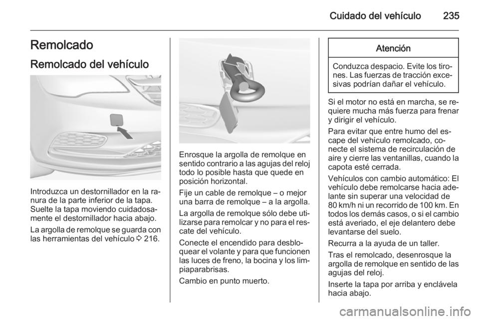 OPEL CASCADA 2014 Manual de Instrucciones (in Spanish) Cuidado del vehículo235Remolcado
Remolcado del vehículo
Introduzca un destornillador en la ra‐
nura de la parte inferior de la tapa. Suelte la tapa moviendo cuidadosa‐
mente el destornillador ha OPEL CASCADA 2014 Manual de Instrucciones (in Spanish) Cuidado del vehículo235Remolcado
Remolcado del vehículo
Introduzca un destornillador en la ra‐
nura de la parte inferior de la tapa. Suelte la tapa moviendo cuidadosa‐
mente el destornillador ha