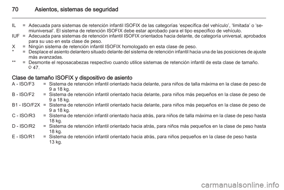 OPEL CASCADA 2014  Manual de Instrucciones (in Spanish) 70Asientos, sistemas de seguridad
IL=Adecuada para sistemas de retención infantil ISOFIX de las categorías ‘específica del vehículo’, ‘limitada’ o ‘se‐miuniversal’. El sistema de ret