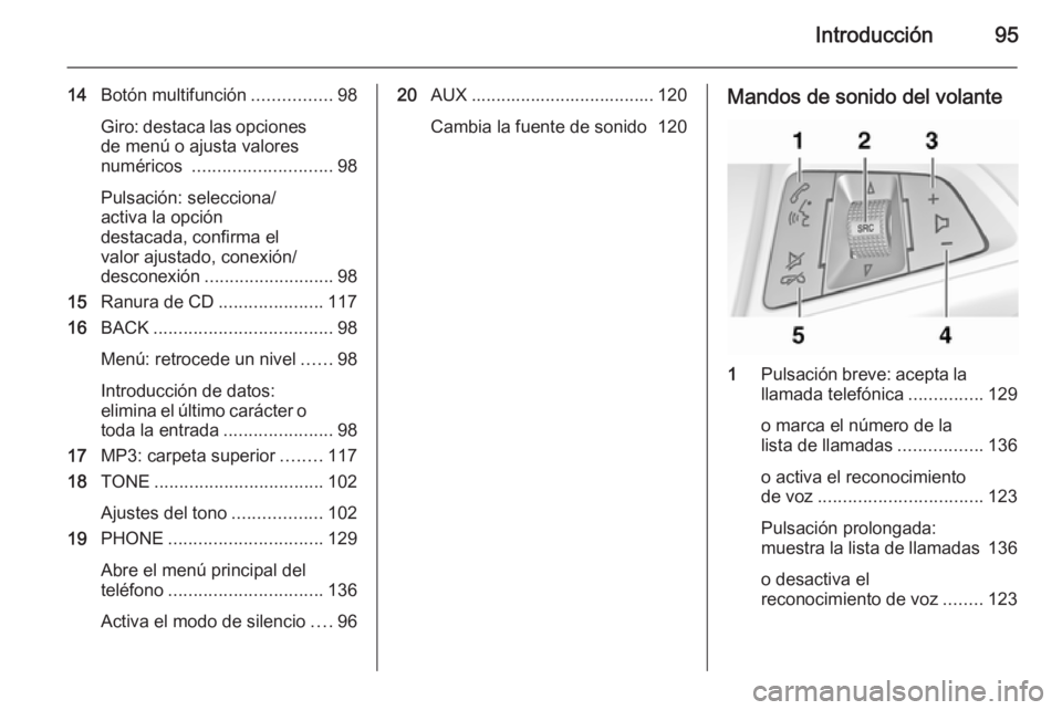 OPEL CASCADA 2014.5 Manual de infoentretenimiento (in Spanish) Introducción95
14Botón multifunción ................98
Giro: destaca las opciones de menú o ajusta valores
numéricos ............................ 98
Pulsación: selecciona/
activa la opción
des OPEL CASCADA 2014.5 Manual de infoentretenimiento (in Spanish) Introducción95
14Botón multifunción ................98
Giro: destaca las opciones de menú o ajusta valores
numéricos ............................ 98
Pulsación: selecciona/
activa la opción
des