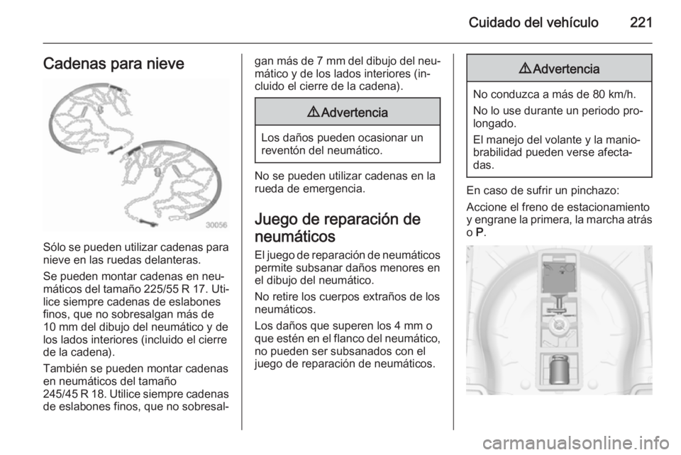 OPEL CASCADA 2014.5  Manual de Instrucciones (in Spanish) Cuidado del vehículo221Cadenas para nieve
Sólo se pueden utilizar cadenas paranieve en las ruedas delanteras.
Se pueden montar cadenas en neu‐
máticos del tamaño 225/55 R 17 . Uti‐
lice siempr