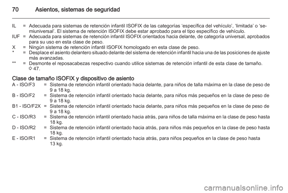 OPEL CASCADA 2014.5  Manual de Instrucciones (in Spanish) 70Asientos, sistemas de seguridad
IL=Adecuada para sistemas de retención infantil ISOFIX de las categorías ‘específica del vehículo’, ‘limitada’ o ‘se‐miuniversal’. El sistema de ret