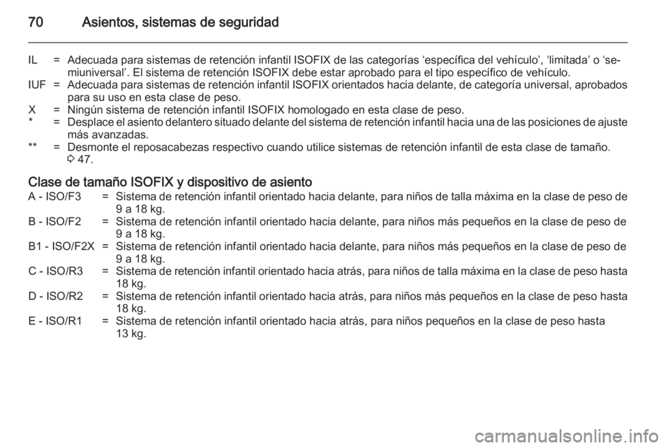 OPEL CASCADA 2014.5 Manual de Instrucciones (in Spanish) 70Asientos, sistemas de seguridad
IL=Adecuada para sistemas de retención infantil ISOFIX de las categorías ‘específica del vehículo’, ‘limitada’ o ‘se‐miuniversal’. El sistema de ret OPEL CASCADA 2014.5 Manual de Instrucciones (in Spanish) 70Asientos, sistemas de seguridad
IL=Adecuada para sistemas de retención infantil ISOFIX de las categorías ‘específica del vehículo’, ‘limitada’ o ‘se‐miuniversal’. El sistema de ret
