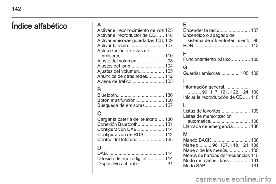 OPEL CASCADA 2015  Manual de infoentretenimiento (in Spanish) 142Índice alfabéticoAActivar el reconocimiento de voz 125Activar el reproductor de CD ......118
Activar emisoras guardadas 108, 109
Activar la radio ............................ 107
Actualización d
