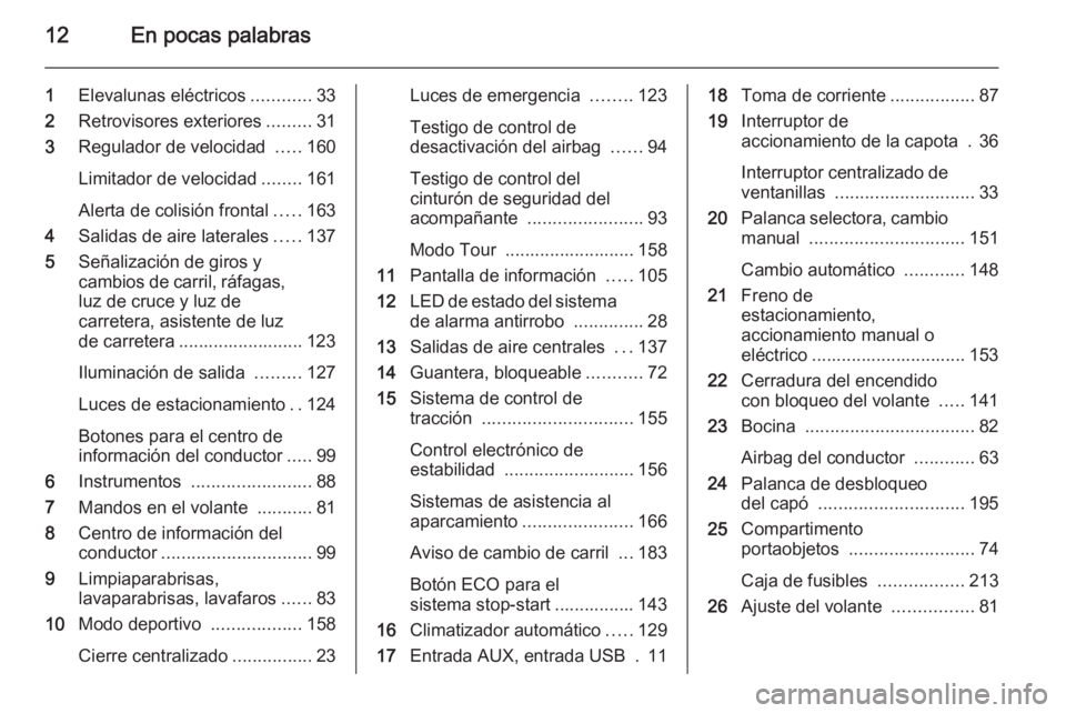 OPEL CASCADA 2015  Manual de Instrucciones (in Spanish) 12En pocas palabras
1Elevalunas eléctricos ............33
2 Retrovisores exteriores .........31
3 Regulador de velocidad  .....160
Limitador de velocidad ........161
Alerta de colisión frontal .....