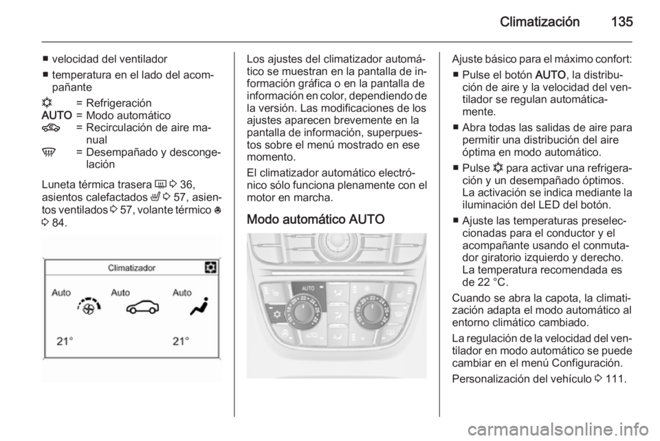 OPEL CASCADA 2015.5 Manual de Instrucciones (in Spanish) Climatización135
■ velocidad del ventilador
■ temperatura en el lado del acom‐ pañanten=RefrigeraciónAUTO=Modo automático4=Recirculación de aire ma‐
nualV=Desempañado y desconge‐
laci OPEL CASCADA 2015.5 Manual de Instrucciones (in Spanish) Climatización135
■ velocidad del ventilador
■ temperatura en el lado del acom‐ pañanten=RefrigeraciónAUTO=Modo automático4=Recirculación de aire ma‐
nualV=Desempañado y desconge‐
laci